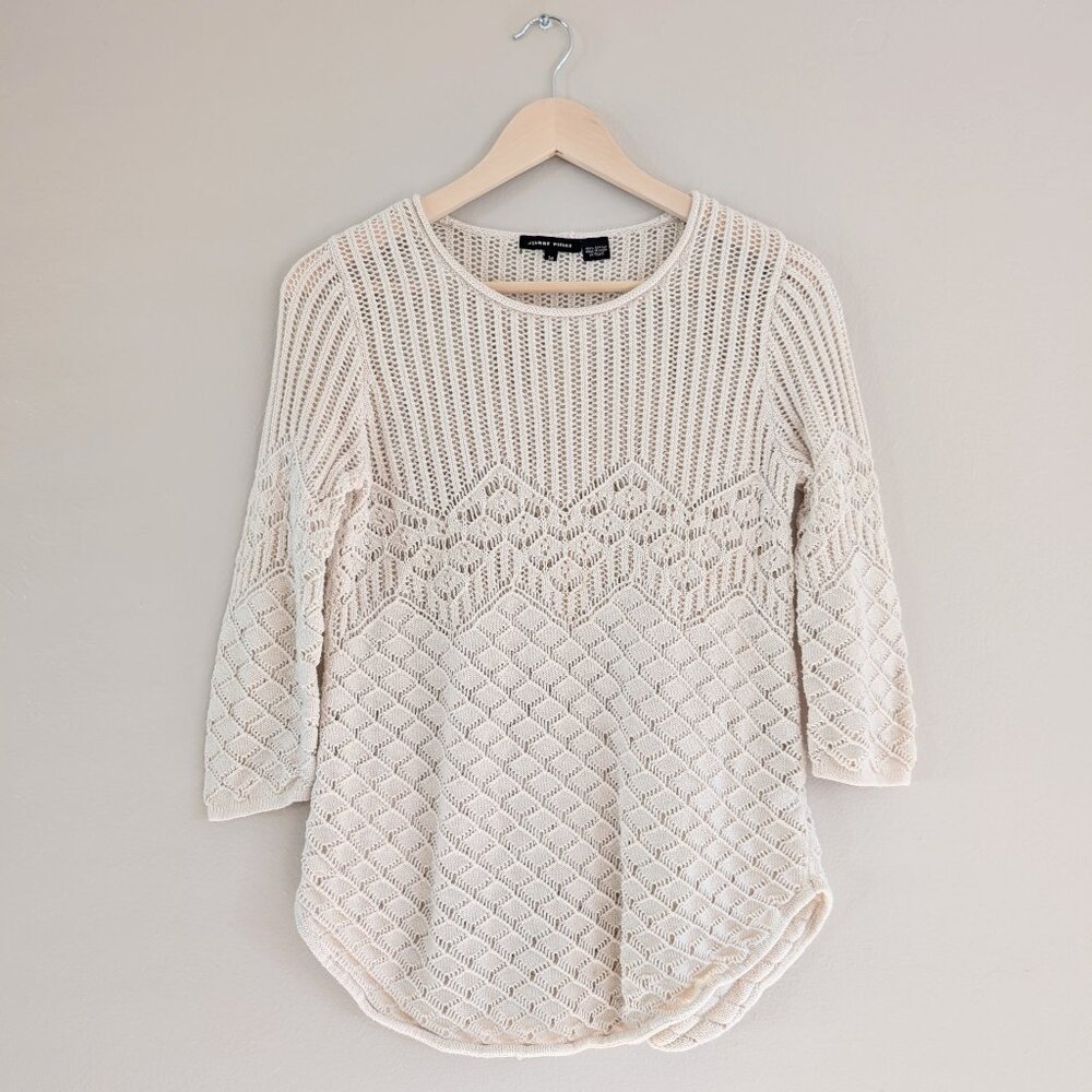 Cream Quarter Sleeve Open Knit Sweater Boho Cottage Hippie Festival Womens M Y2K